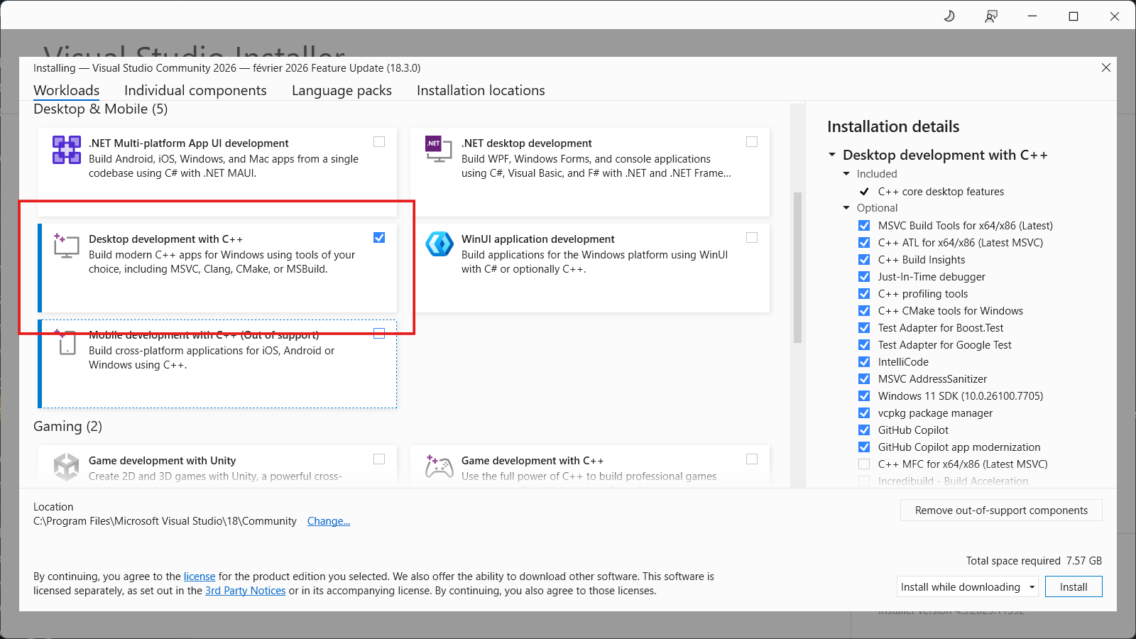C++ workload installation